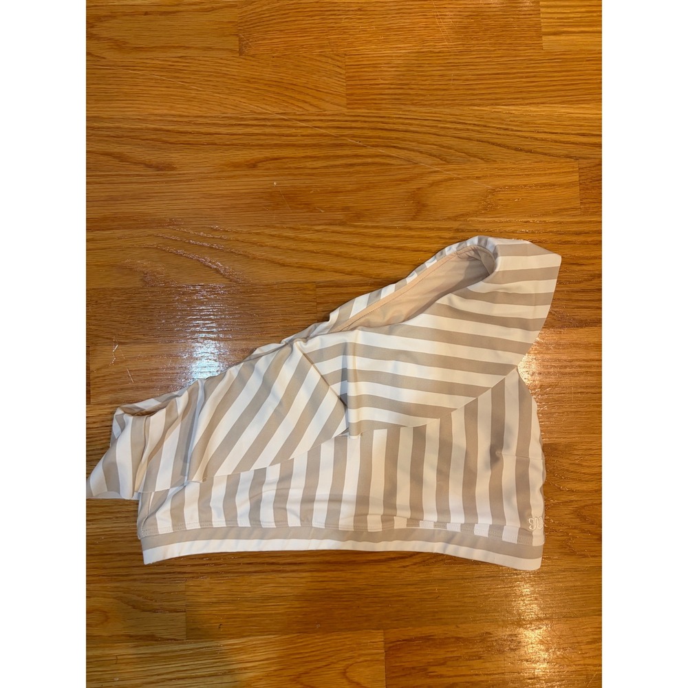 Albion Fit Womens XL One Shoulder Ruffle Bikini Top Tan White Striped Swimwear